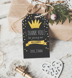 Editable Wild Things Favor tags Wild One Thank you tags Label tags Black Gold Crown Boy 1st Birthday Gift tags Thank you Template Corjl 0099