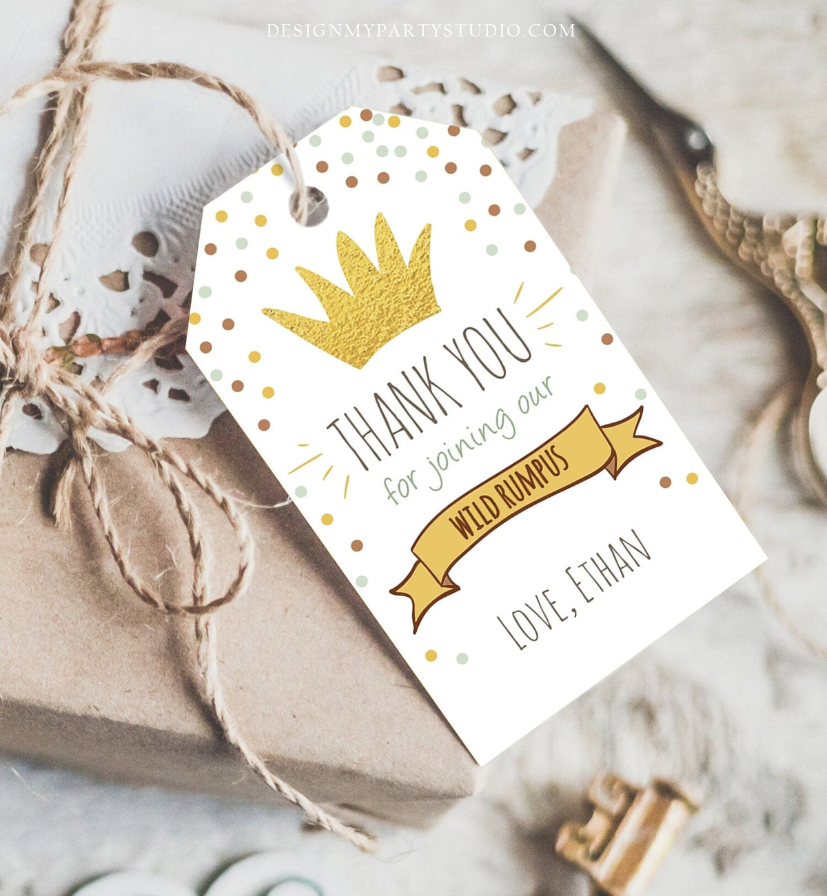 Editable Wild Things Favor tags Wild One Thank you tags Label tags Gold Crown Boy First Birthday Gift tags Thank you Template Corjl 0099