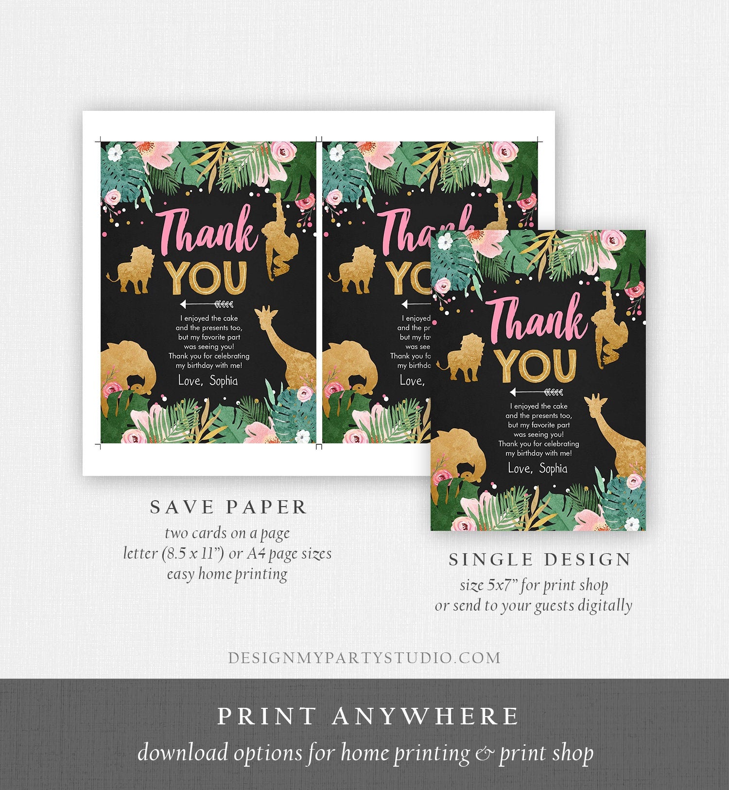 Editable Thank You Card Safari Animals Wild One Thank You Note Black Photo Girl Pink Gold Jungle Zoo Animals Corjl Template Digital 0016