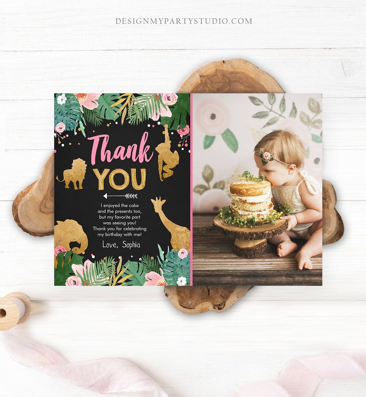 Editable Thank You Card Safari Animals Wild One Thank You Note Black Photo Girl Pink Gold Jungle Zoo Animals Corjl Template Digital 0016