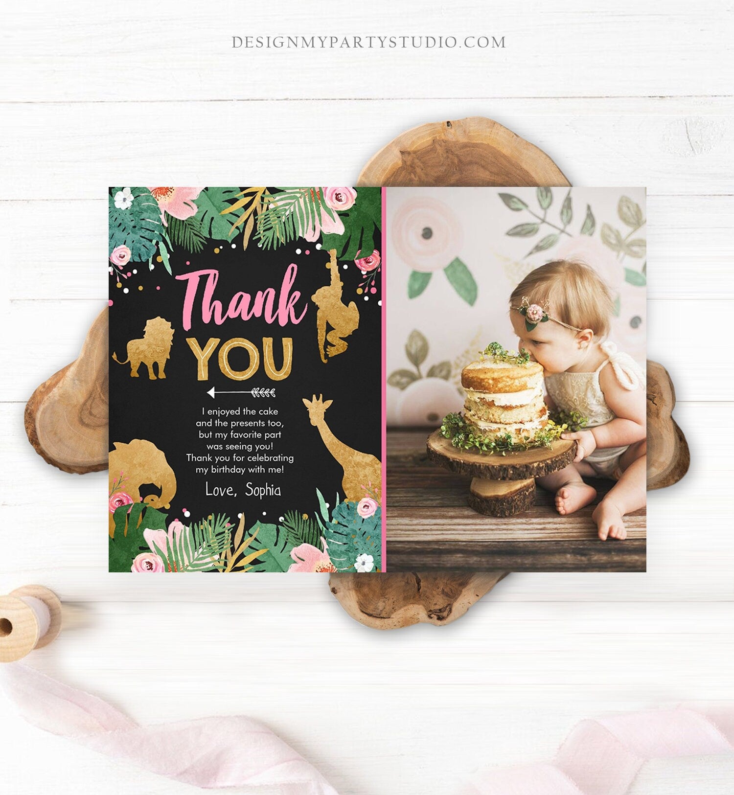 Editable Thank You Card Safari Animals Wild One Thank You Note Black Photo Girl Pink Gold Jungle Zoo Animals Corjl Template Digital 0016