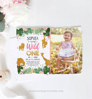 Editable Wild One Birthday Invitation Girl Safari Animals Jungle Zoo Party Animals Pink Gold Instant Download Printable Corjl Template 0016