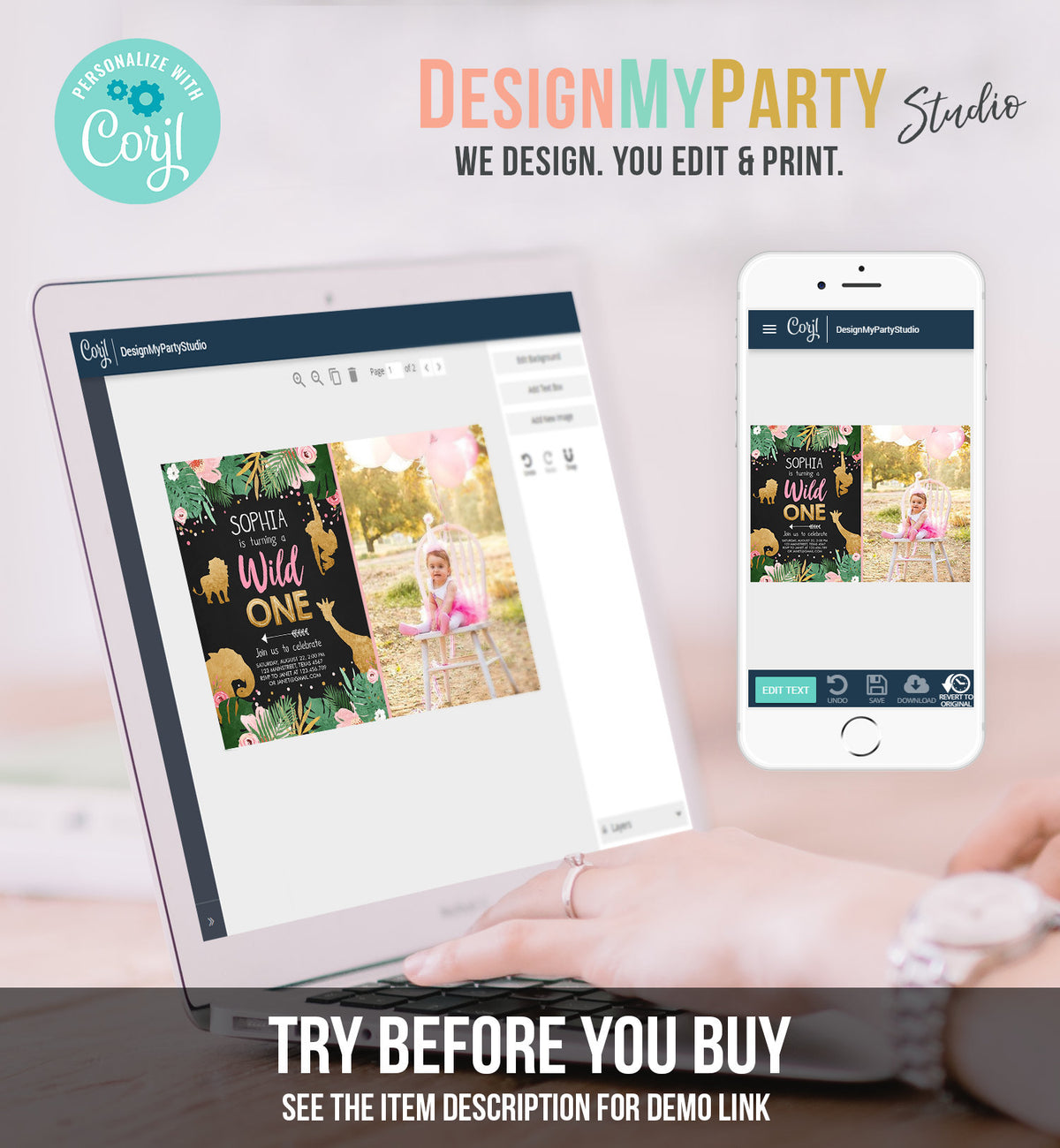 Editable Wild One Birthday Invitation Girl Safari Animals Jungle Party Animals Pink Gold First Birthday 1st Printable Corjl Template 0016