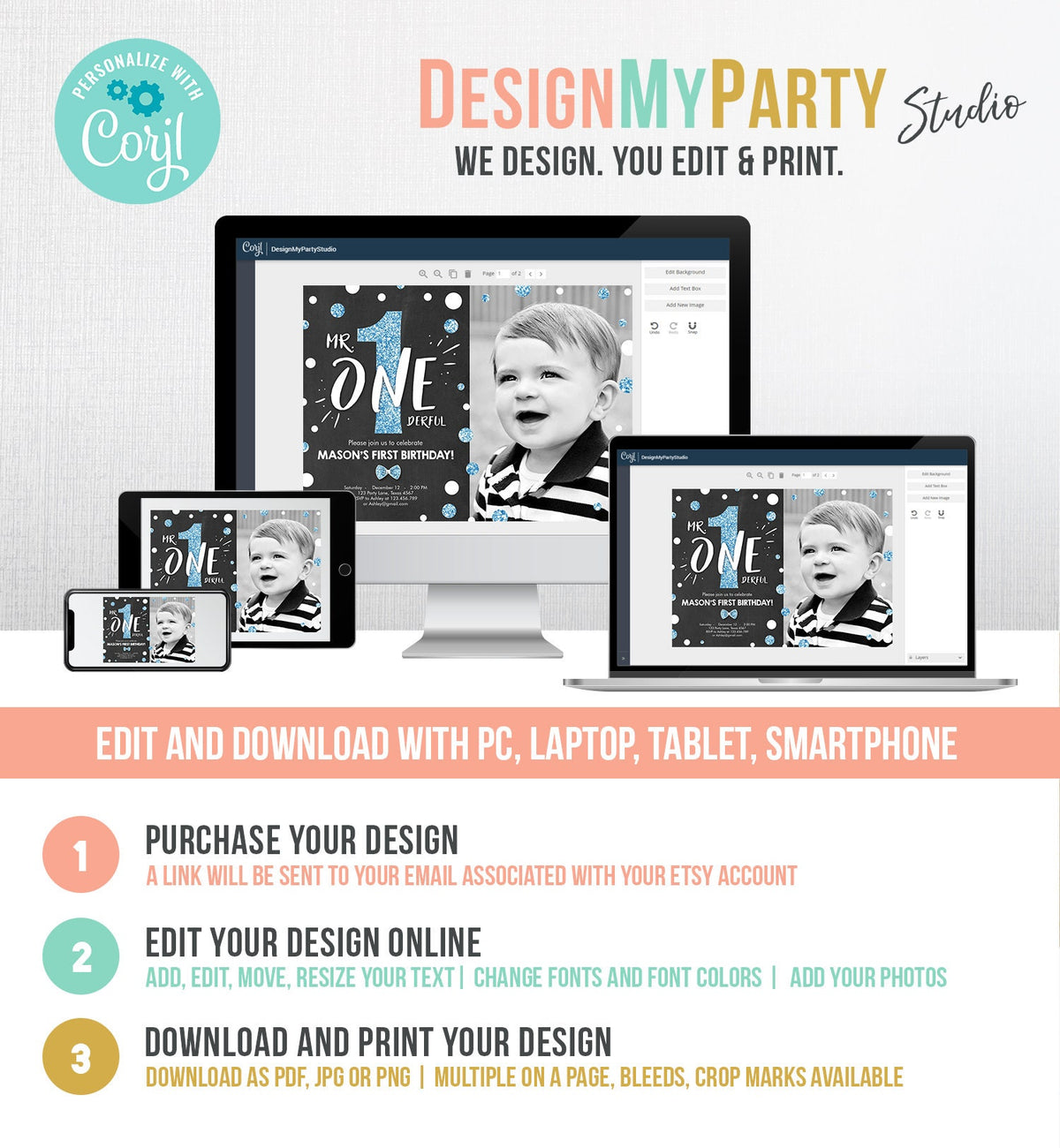 Editable Mr Onederful Birthday Invitation Black and Blue Boy Birthday Bow Tie Confetti 1st Birthday Download Printable Template Corjl 0072