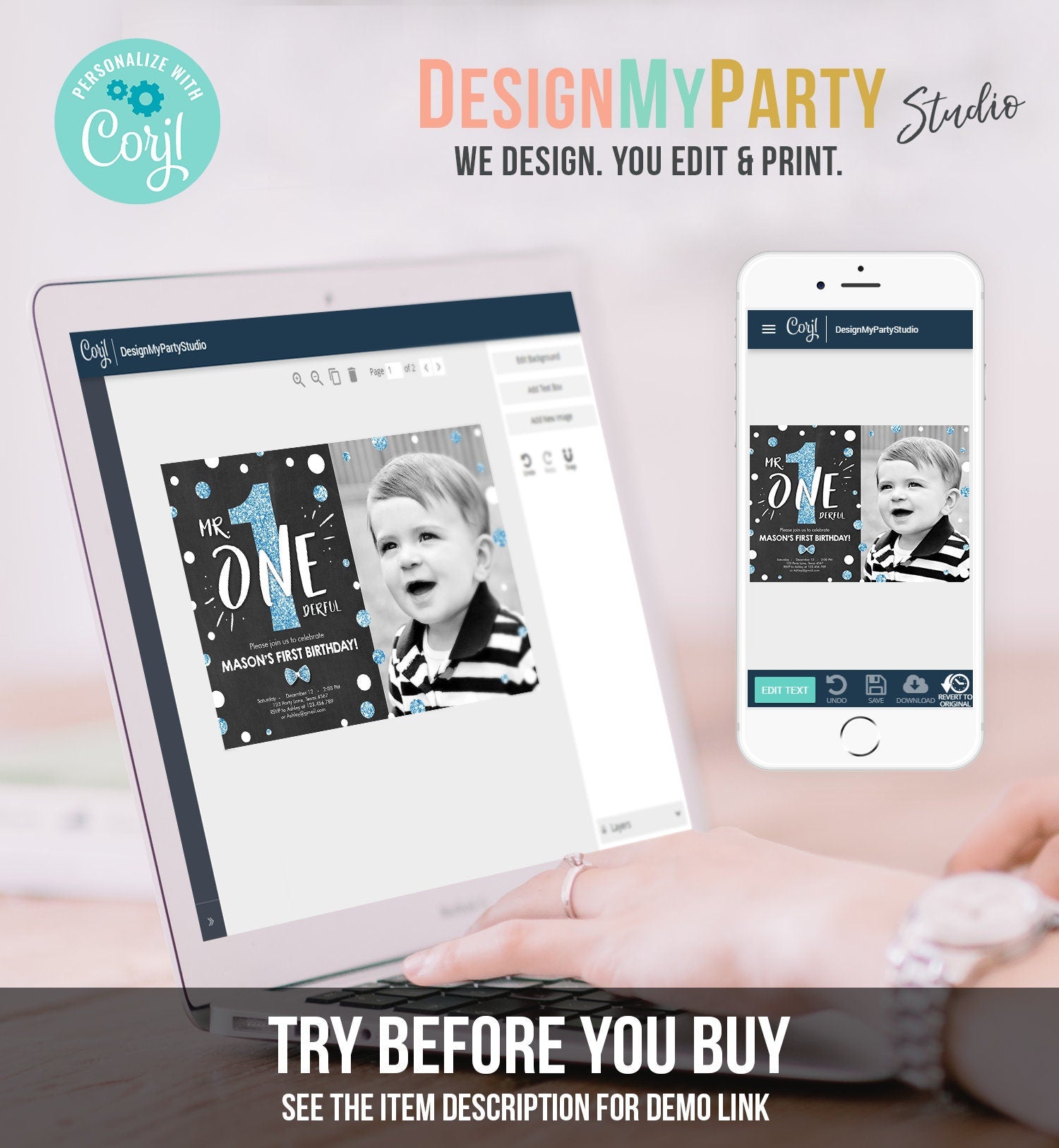 Editable Mr Onederful Birthday Invitation Black and Blue Boy Birthday Bow Tie Confetti 1st Birthday Download Printable Template Corjl 0072