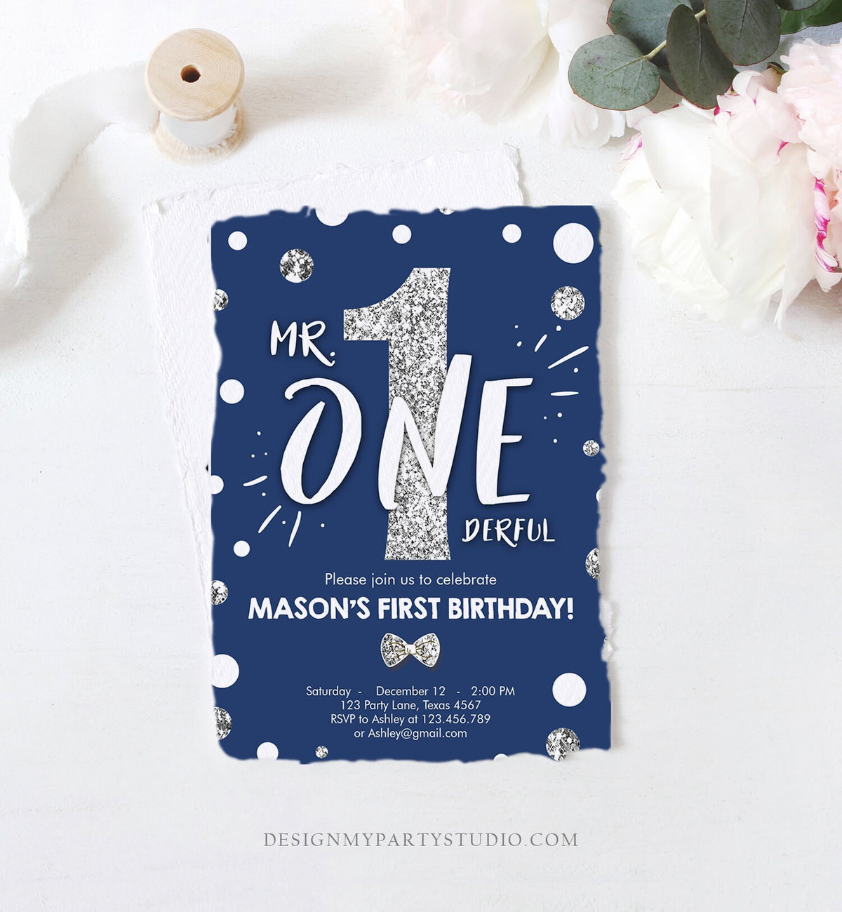 Editable Mr Onederful Birthday Invitation Navy Blue Silver Birthday Bow Tie Confetti Boy Birthday Download Printable Template Corjl 0072