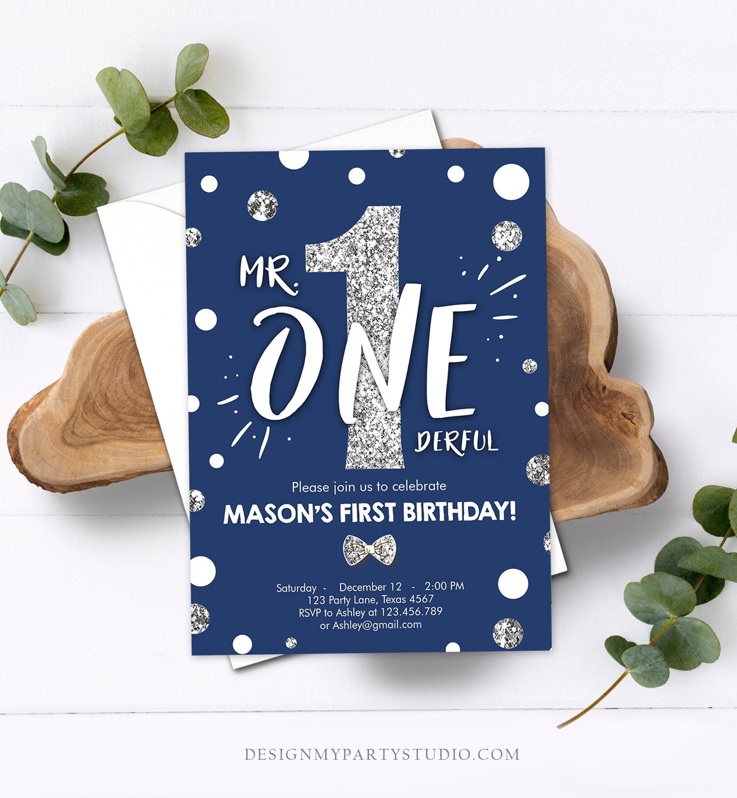 Editable Mr Onederful Birthday Invitation Navy Blue Silver Birthday Bo - Design My Party Studio editable-mr-onederful-birthday-invitation-navy-blue-silver-birthday-bo-design-my-party-studio