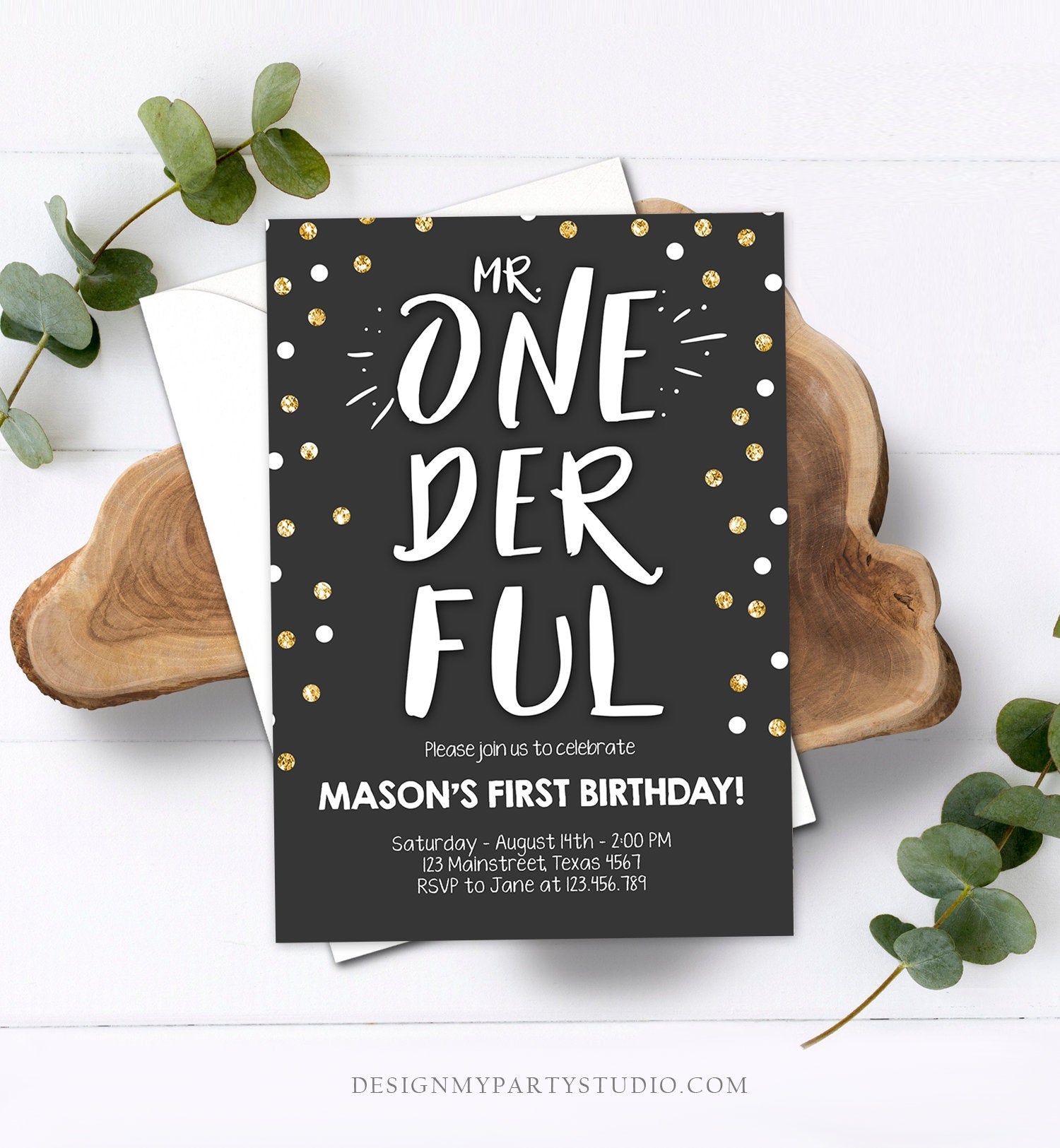 Editable Mr Onederful Birthday Invitation Black and Gold Boy Birthday Bow Tie Confetti 1st Birthday Download Template Digital Corjl 0072