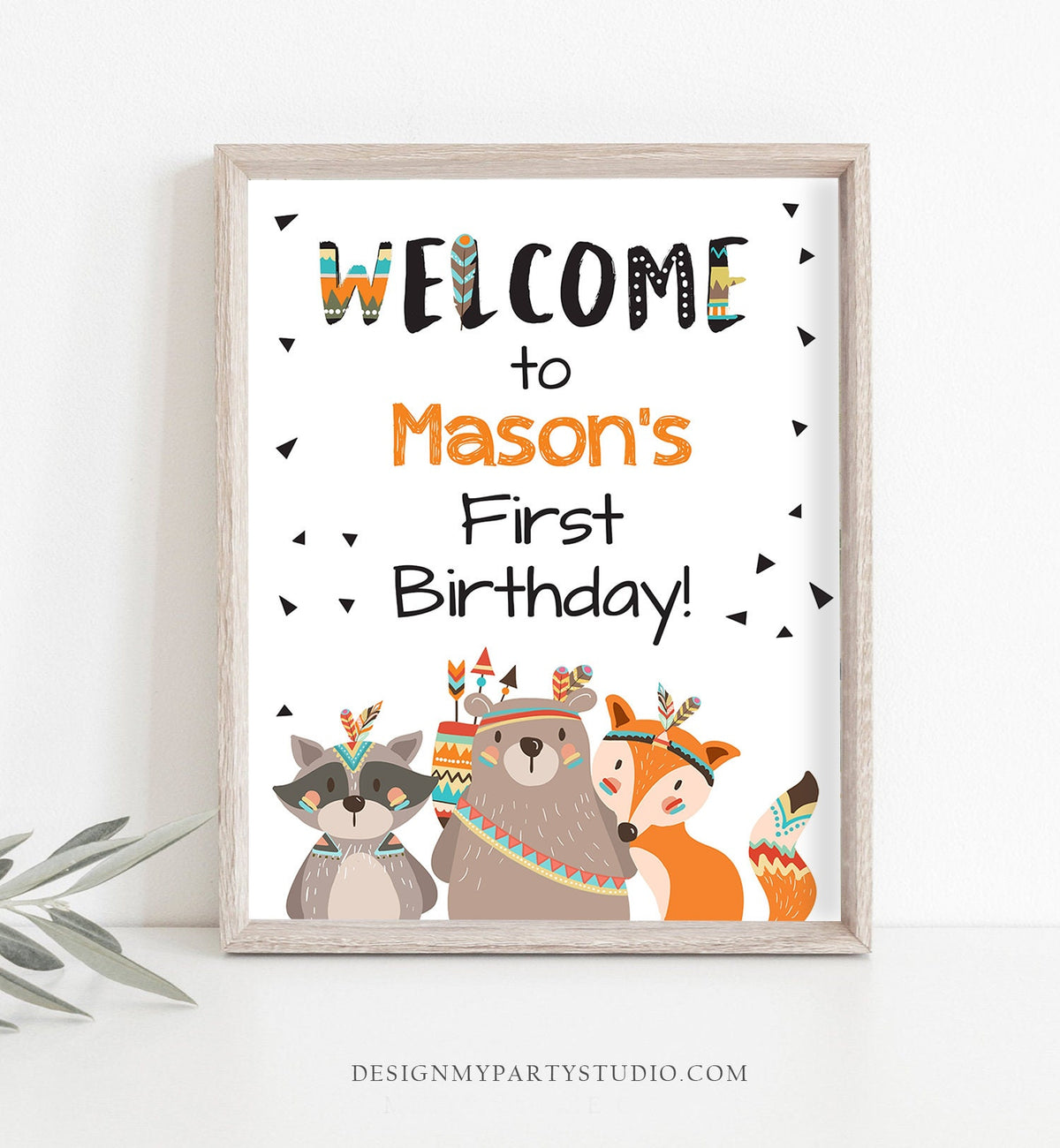 Editable Welcome Sign Tribal Woodland Wild One Birthday Party Welcome Boy First Birthday Tribal Animals Template PRINTABLE Corjl 0061
