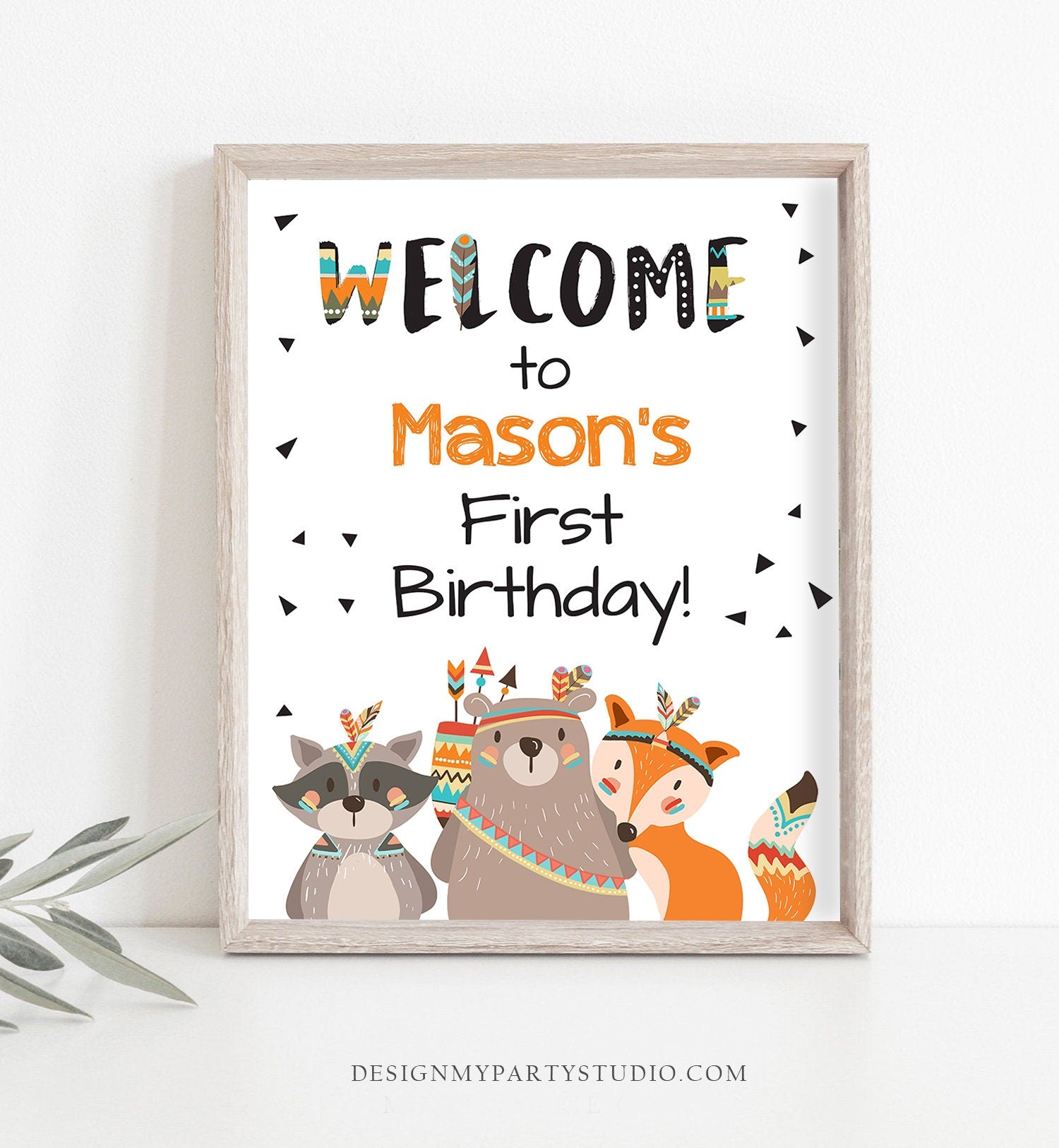 Editable Welcome Sign Tribal Woodland Wild One Birthday Party Welcome Boy First Birthday Tribal Animals Template PRINTABLE Corjl 0061