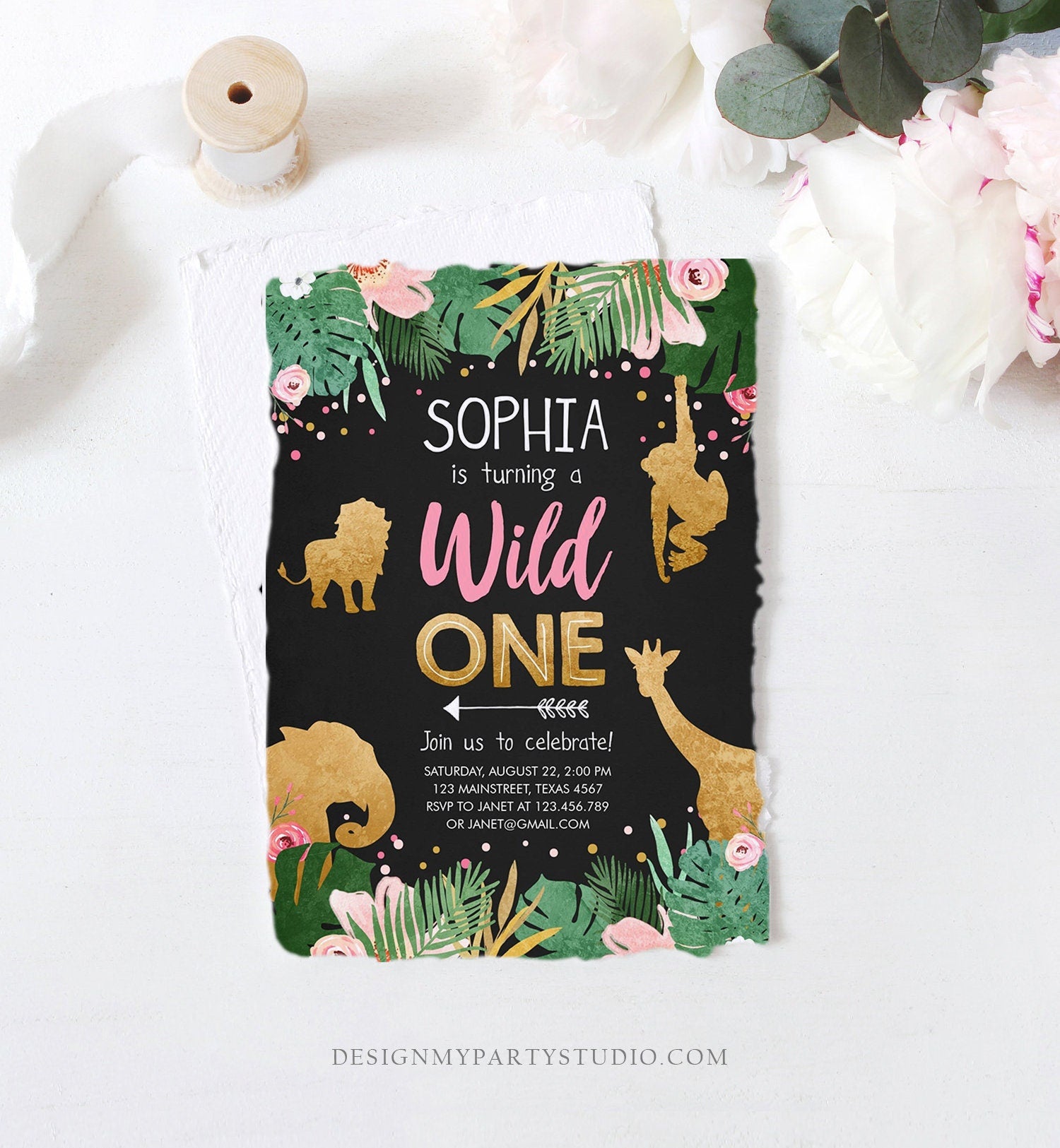 Editable Wild One Birthday Invitation Girl Safari Animals Jungle Zoo Party Animals Pink Gold Instant Download Printable Corjl Template 0016