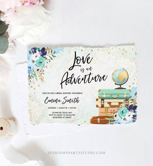 Editable Love is an Adventure Bridal Shower Invitation Miss to Mrs Travel Gold Confetti Blue Floral Suitcases Download Corjl Template 0030
