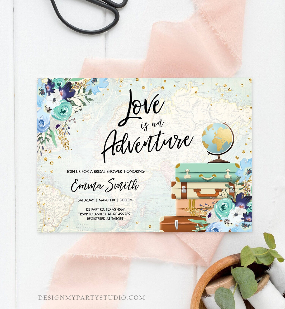 Editable Love is an Adventure Bridal Shower Invitation Miss to Mrs Travel Gold Confetti Blue Floral Suitcases Download Corjl Template 0030