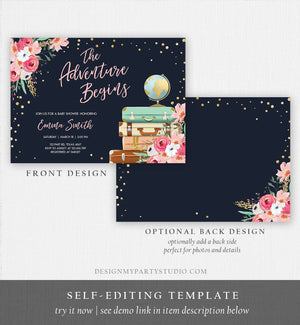 Editable The Adventure Begins Baby Shower Invitation Pink Floral Gold Navy Blue Confetti Suitcases Travel Around World Corjl Template 0030