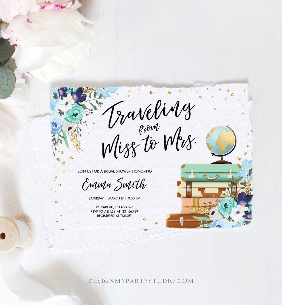 Editable Miss to Mrs Travel Bridal Shower Invitation Flowers Globe Suitcase Gold Confetti Traveling Blue Floral Corjl Template 0030