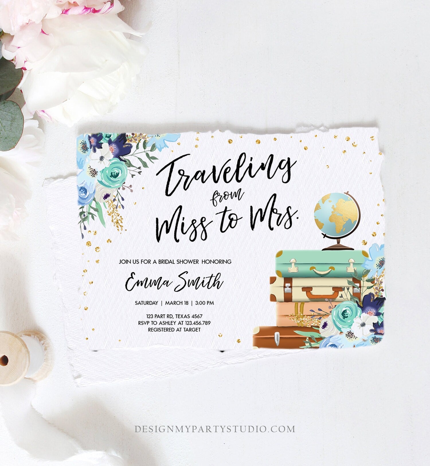 Editable Miss to Mrs Travel Bridal Shower Invitation Flowers Globe Suitcase Gold Confetti Traveling Blue Floral Corjl Template 0030