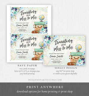 Editable Miss to Mrs Travel Bridal Shower Invitation Flowers Globe Suitcase Gold Confetti Traveling Blue Floral Corjl Template 0030