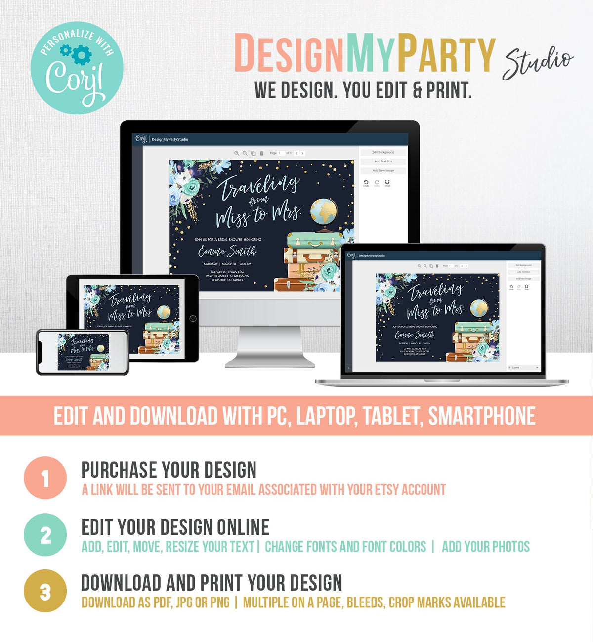 Editable Miss to Mrs Travel Bridal Shower Invitation Flowers Globe Suitcase Gold Confetti Traveling Navy Blue Floral Corjl Template 0030