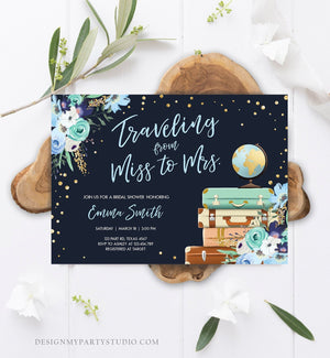 Editable Miss to Mrs Travel Bridal Shower Invitation Flowers Globe Suitcase Gold Confetti Traveling Navy Blue Floral Corjl Template 0030
