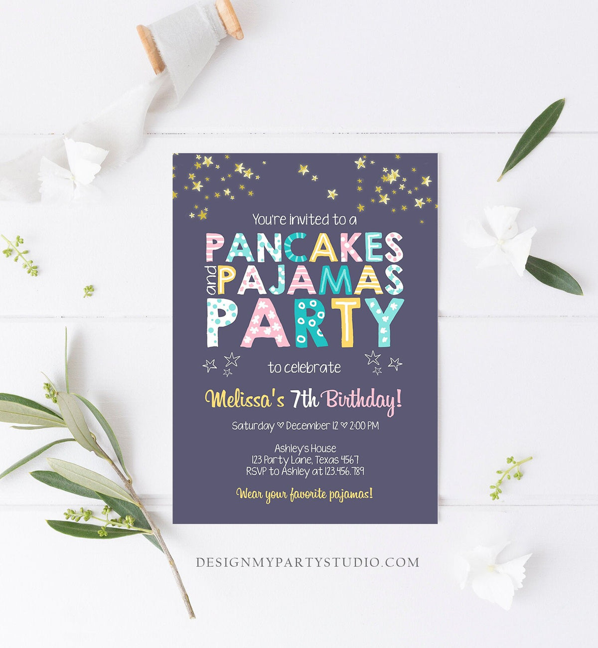 Editable Pancakes and Pajamas Birthday Invitation Movie Night Pancake Party Girl Pink Purple Green Stars Corjl Template Printable 0218
