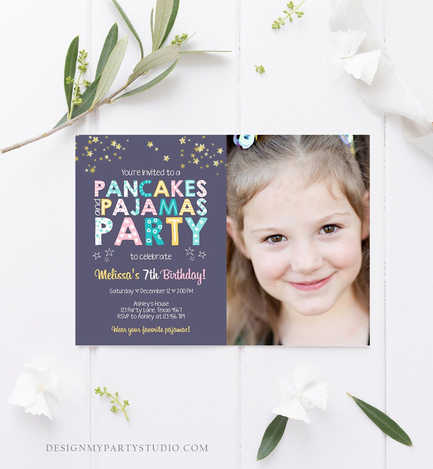 Editable Pancakes and Pajamas Birthday Invitation Movie Night Pancake - Design My Party Studio editable-pancakes-and-pajamas-birthday-invitation-movie-night-pancake-design-my-party-studio