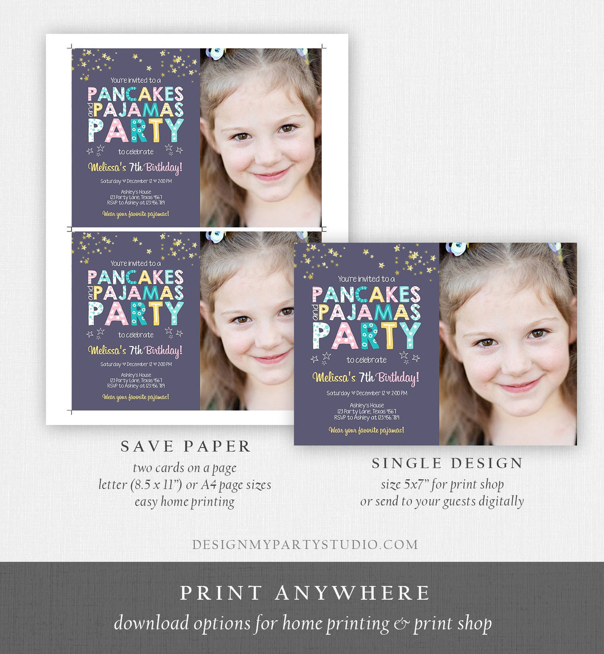 Editable Pancakes and Pajamas Birthday Invitation Movie Night Pancake Party Girl Pink Purple Green Stars Corjl Template Printable 0218