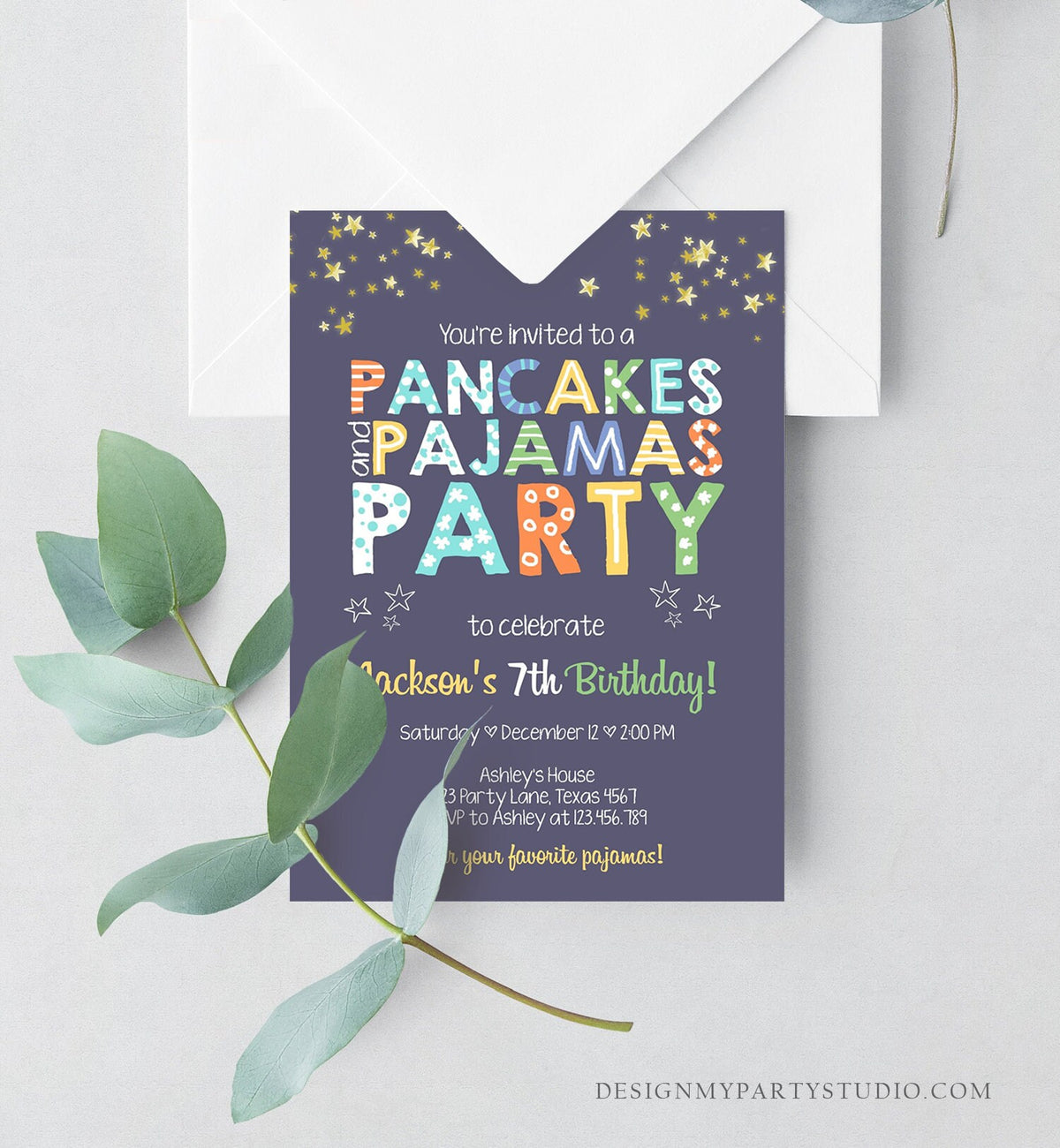 Editable Pancakes and Pajamas Birthday Invitation Movie Night Pancake Party Boy Blue Green Stars Download Corjl Template Printable 0218