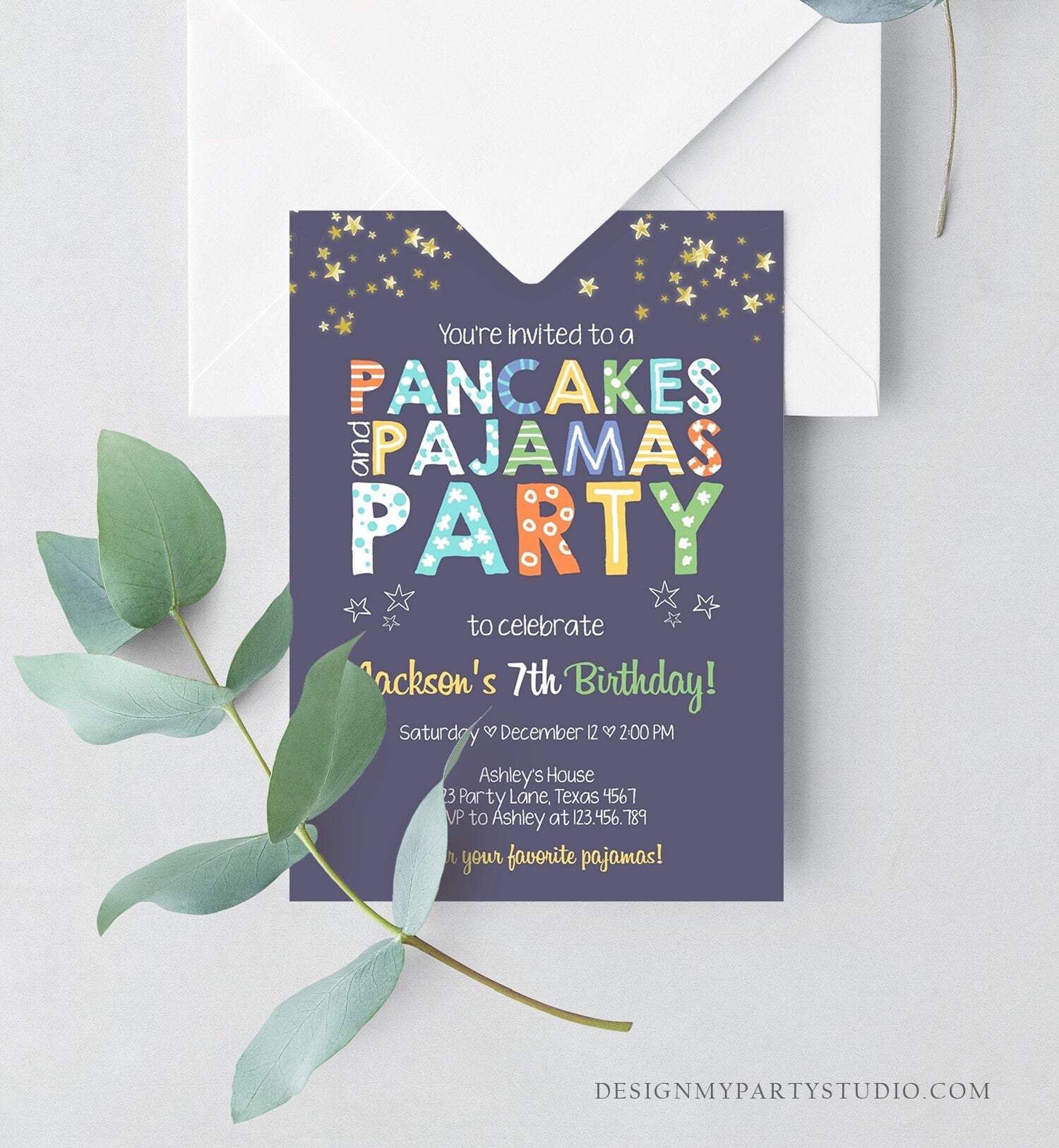 Editable Pancakes and Pajamas Birthday Invitation Movie Night Pancake Party Boy Blue Green Stars Download Corjl Template Printable 0218