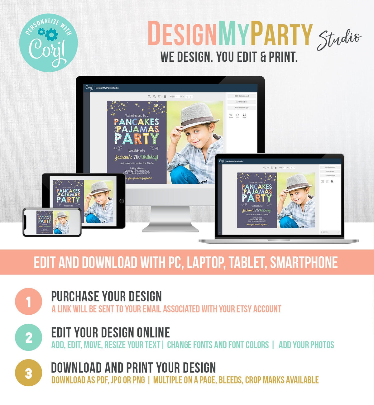 Editable Pancakes and Pajamas Birthday Invitation Movie Night Pancake Party Boy Blue Green Stars Download Corjl Template Printable 0218