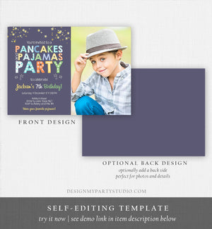 Editable Pancakes and Pajamas Birthday Invitation Movie Night Pancake Party Boy Blue Green Stars Download Corjl Template Printable 0218