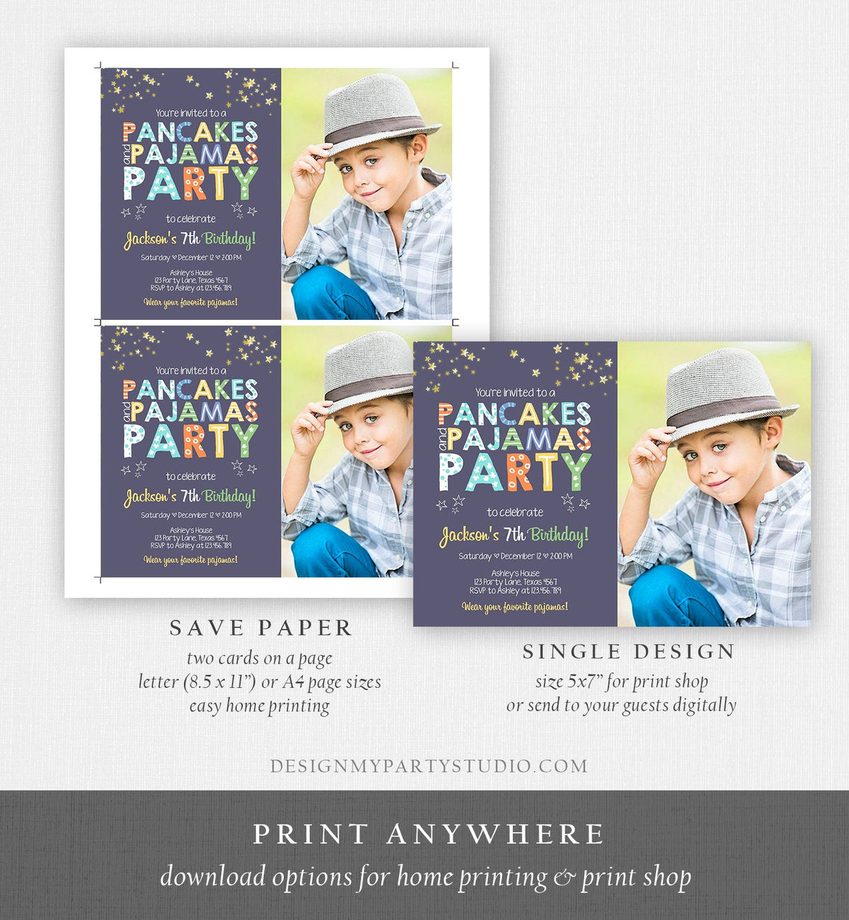 Editable Pancakes and Pajamas Birthday Invitation Movie Night Pancake Party Boy Blue Green Stars Download Corjl Template Printable 0218