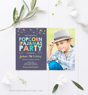 Editable Popcorn and Pajamas Birthday Invitation Movie Night Birthday Party Boy Blue Orange Green Stars Corjl Template Printable 0218