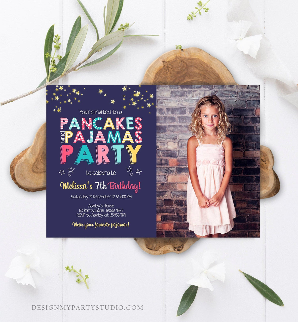 Editable Pancakes and Pajamas Birthday Invitation Movie Night Pancake Party Girl Pink Purple Green Stars Corjl Template Printable 0218