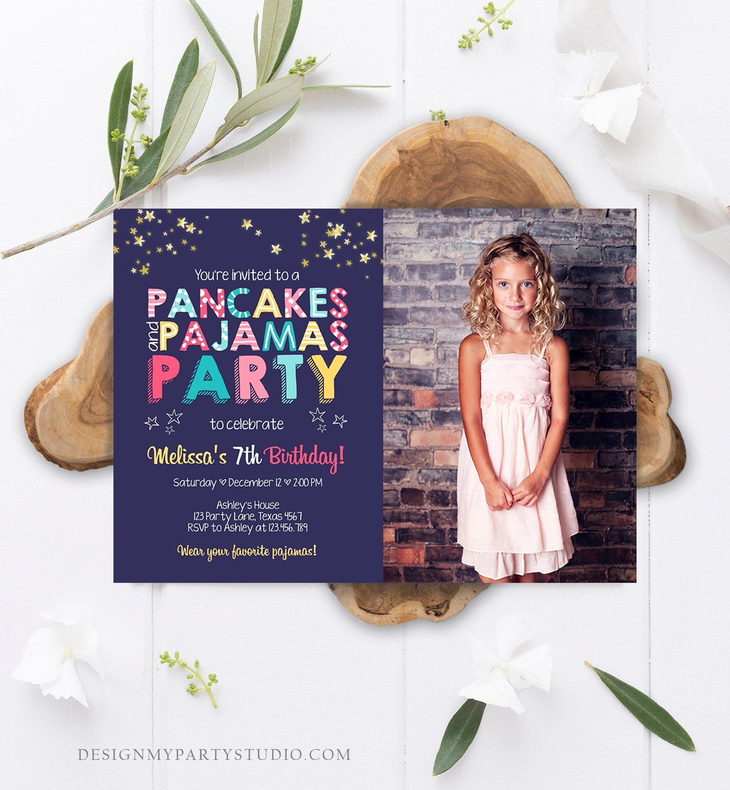 Editable Pancakes and Pajamas Birthday Invitation Movie Night Pancake Party Girl Pink Purple Green Stars Corjl Template Printable 0218