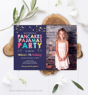Editable Pancakes and Pajamas Birthday Invitation Movie Night Pancake Party Girl Pink Purple Green Stars Corjl Template Printable 0218