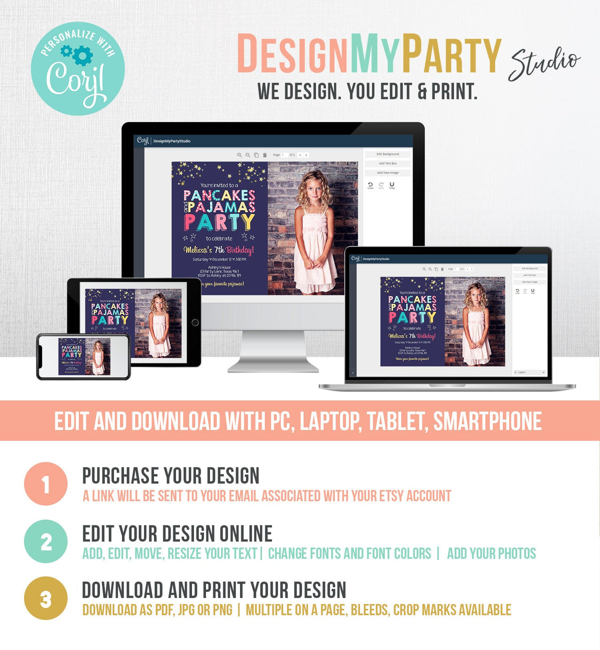 Editable Pancakes and Pajamas Birthday Invitation Movie Night Pancake Party Girl Pink Purple Green Stars Corjl Template Printable 0218