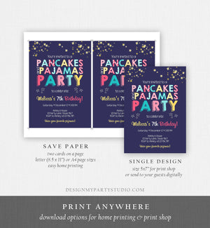 Editable Pancakes and Pajamas Birthday Invitation Movie Night Pancake Party Girl Pink Purple Green Stars Corjl Template Printable 0218