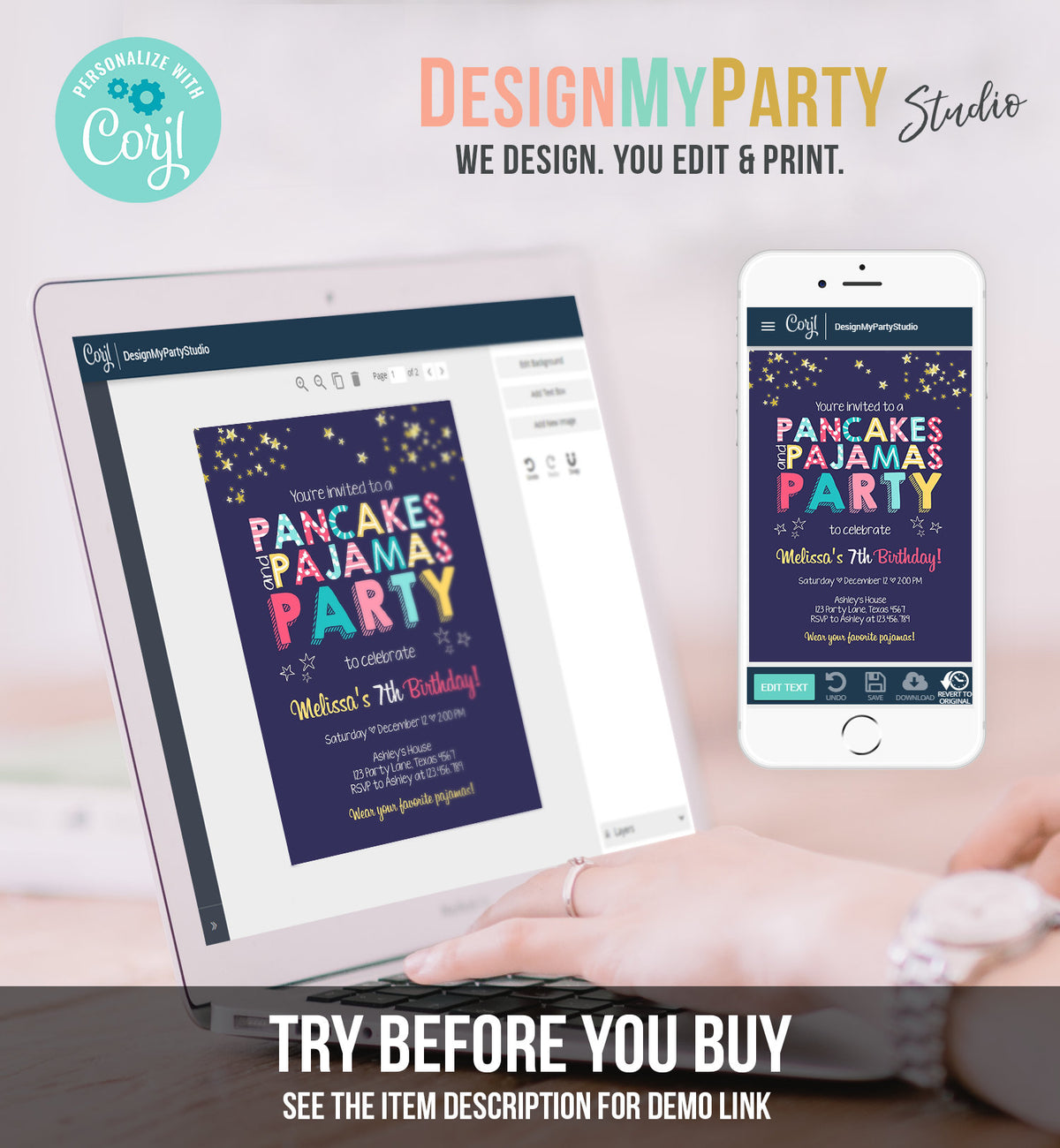Editable Pancakes and Pajamas Birthday Invitation Movie Night Pancake Party Girl Pink Purple Green Stars Corjl Template Printable 0218