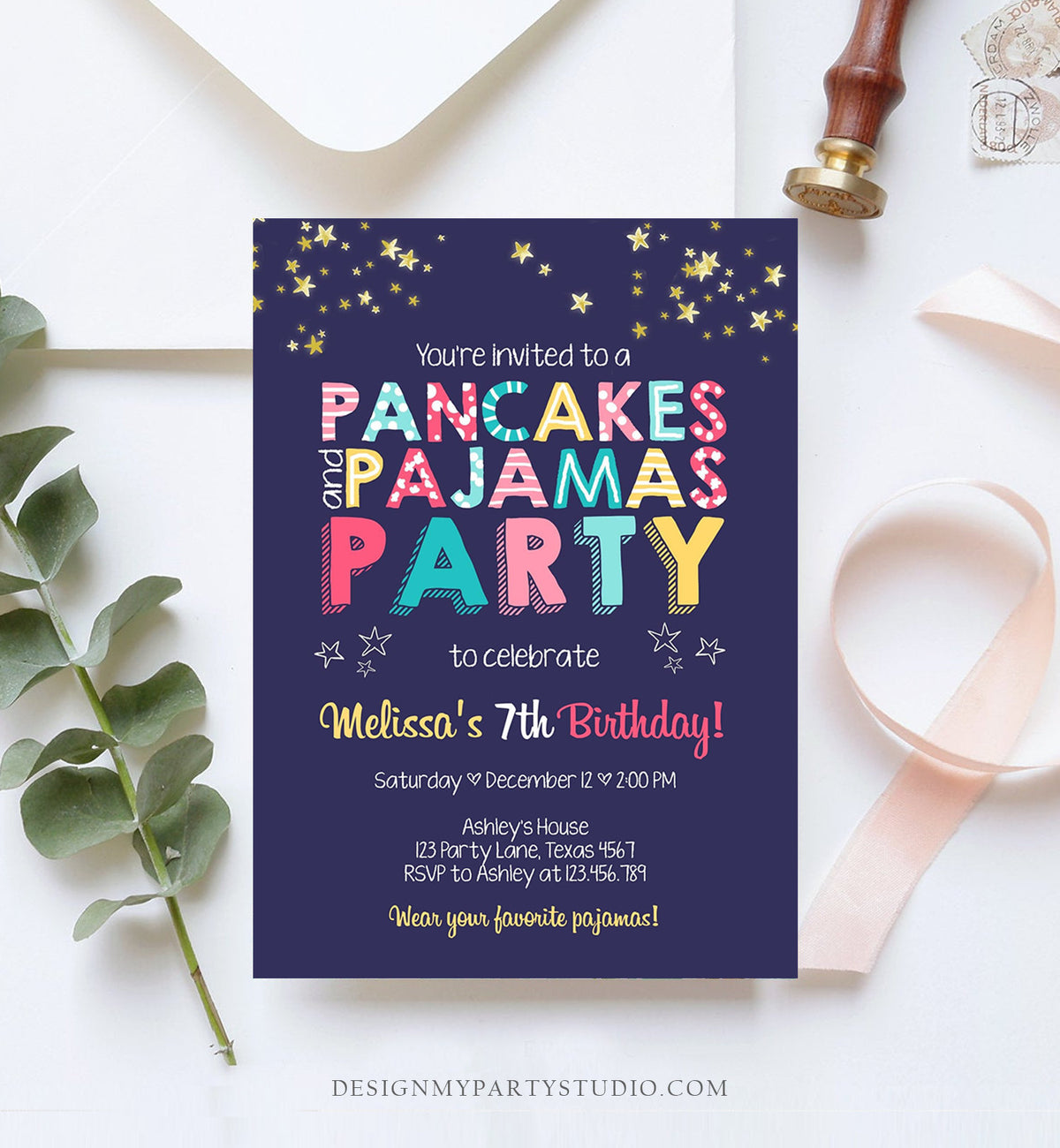 Editable Pancakes and Pajamas Birthday Invitation Movie Night Pancake Party Girl Pink Purple Green Stars Corjl Template Printable 0218