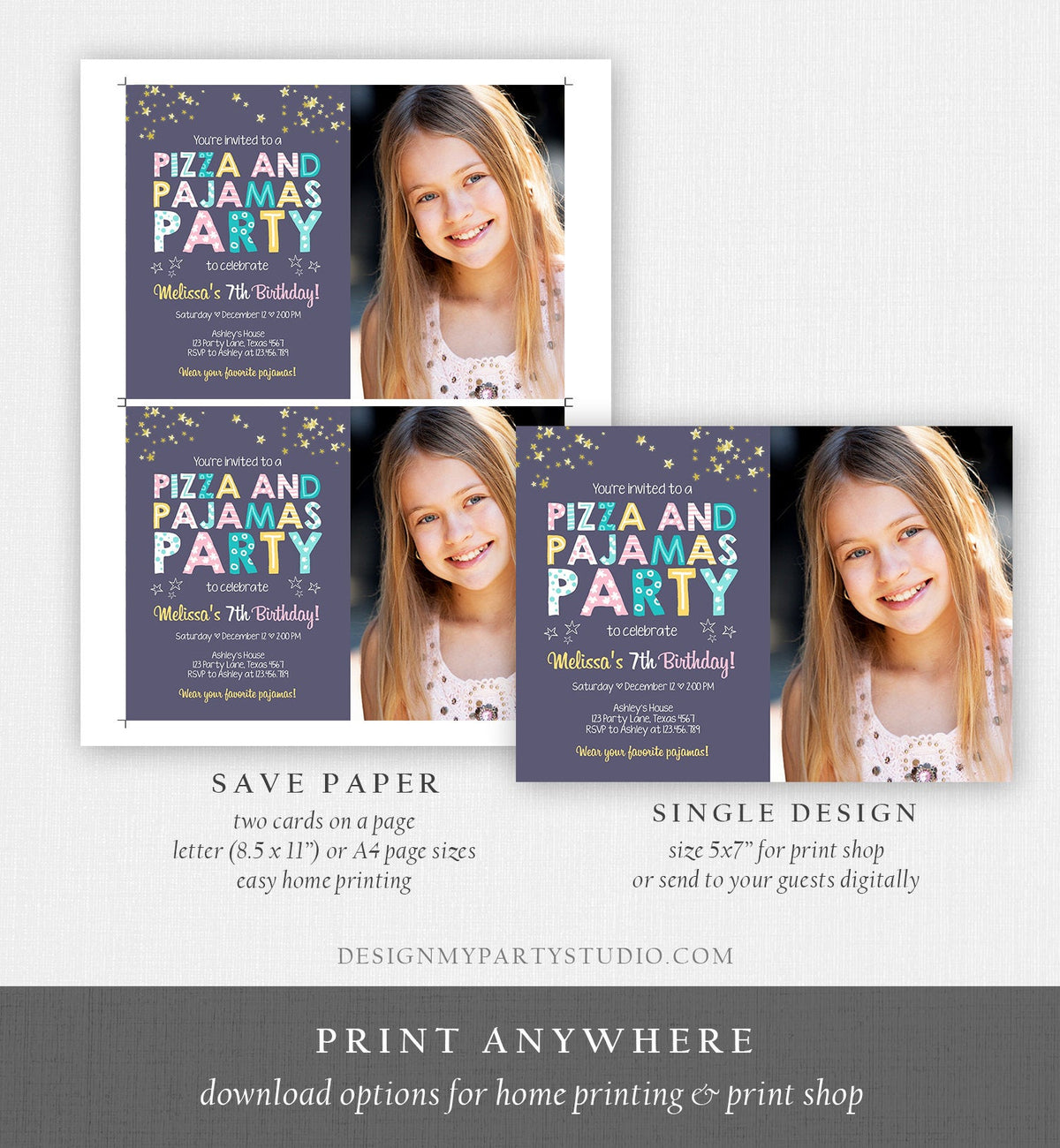 Editable Pizza and Pajamas Birthday Invitation Movie Night Birthday Party Girl Pink Download Printable Corjl Template Digital Printable 0218