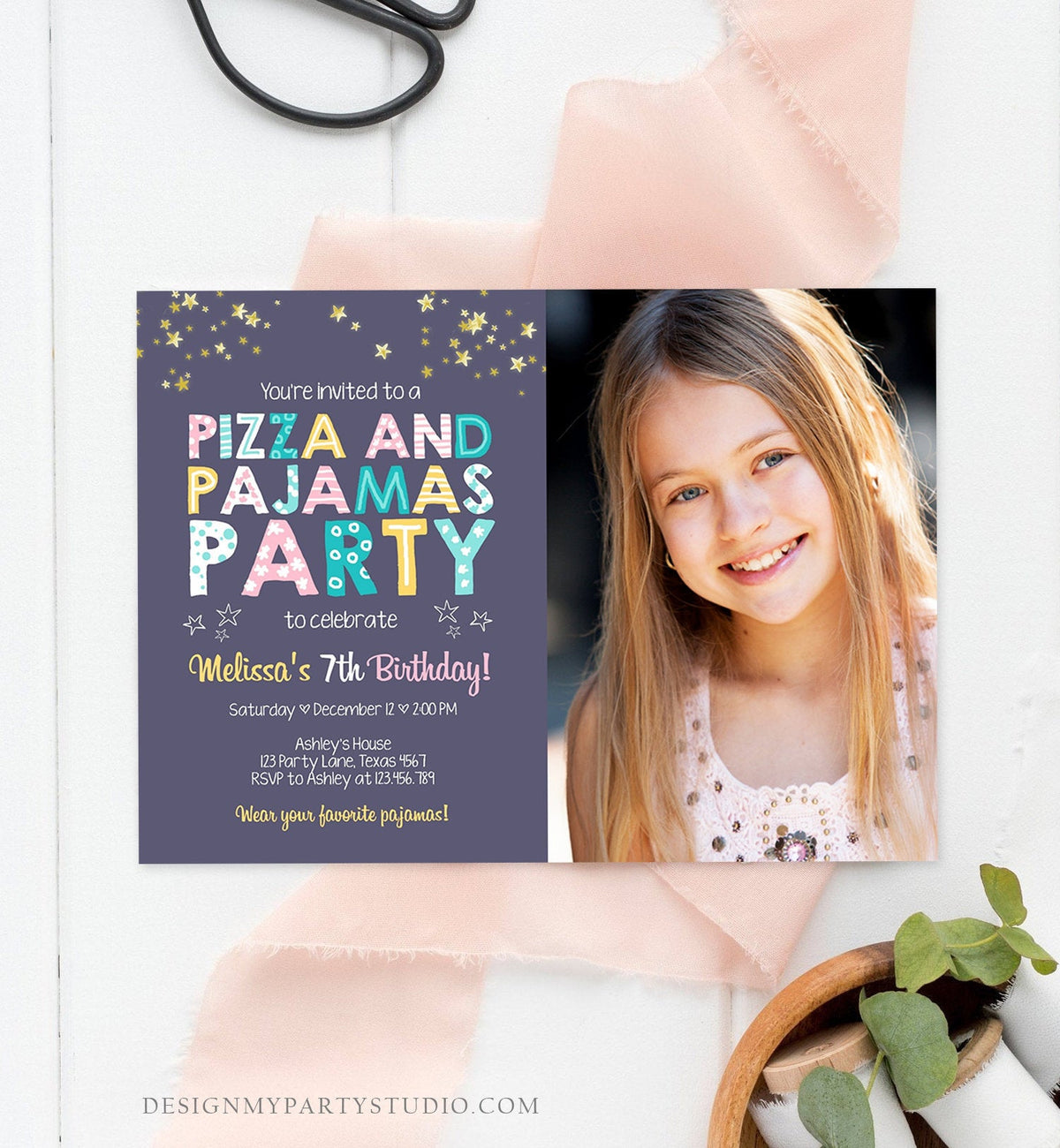 Editable Pizza and Pajamas Birthday Invitation Movie Night Birthday Party Girl Pink Download Printable Corjl Template Digital Printable 0218