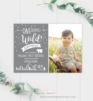 Editable A Onederful Wild Adventure First Birthday Invitation Wild Things Boy Mountains Bear Outdoor Gray Grey Photo Corjl Template 0083
