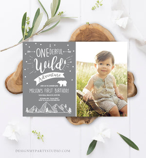 Editable A Onederful Wild Adventure First Birthday Invitation Wild Things Boy Mountains Bear Outdoor Gray Grey Photo Corjl Template 0083