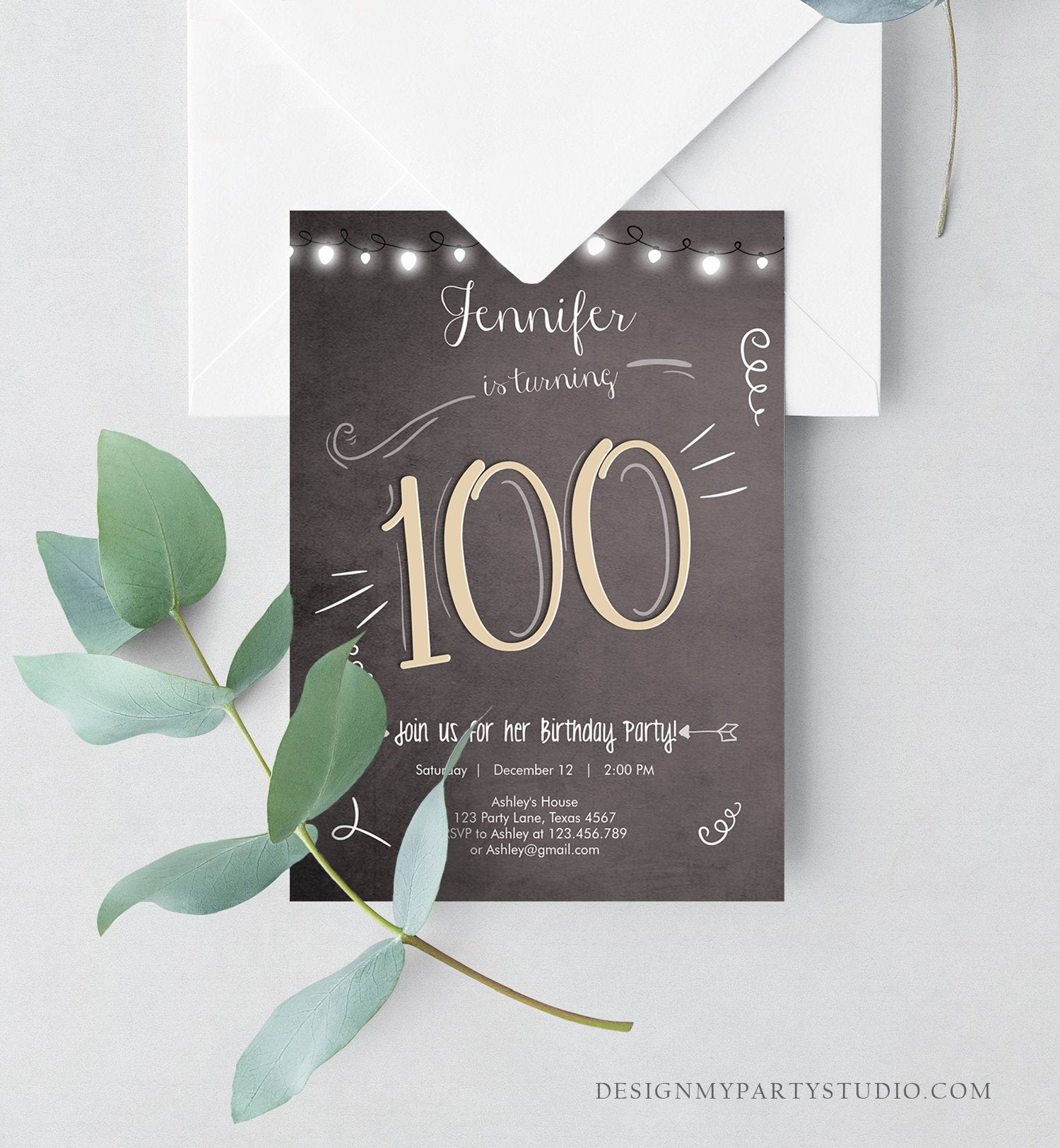 Editable 100th Birthday Invitation Chalkboard Rustic Adult Birthday Invitation Hundred Download Printable Invitation Template Corjl 0230