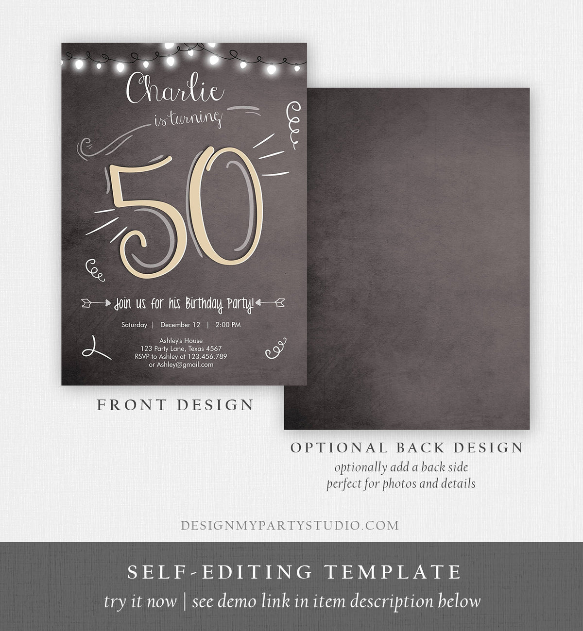 Editable 50th Birthday Invitation Vintage Rustic Adult Birthday Invitation Fifty Download Printable Invitation Template Corjl 0230