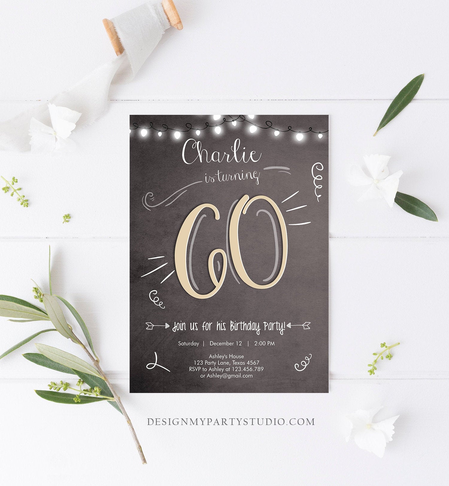 Editable 60th Birthday Invitation Chalkboard Rustic Adult Birthday Invitation Sixty Download Printable Invitation Template Corjl 0230