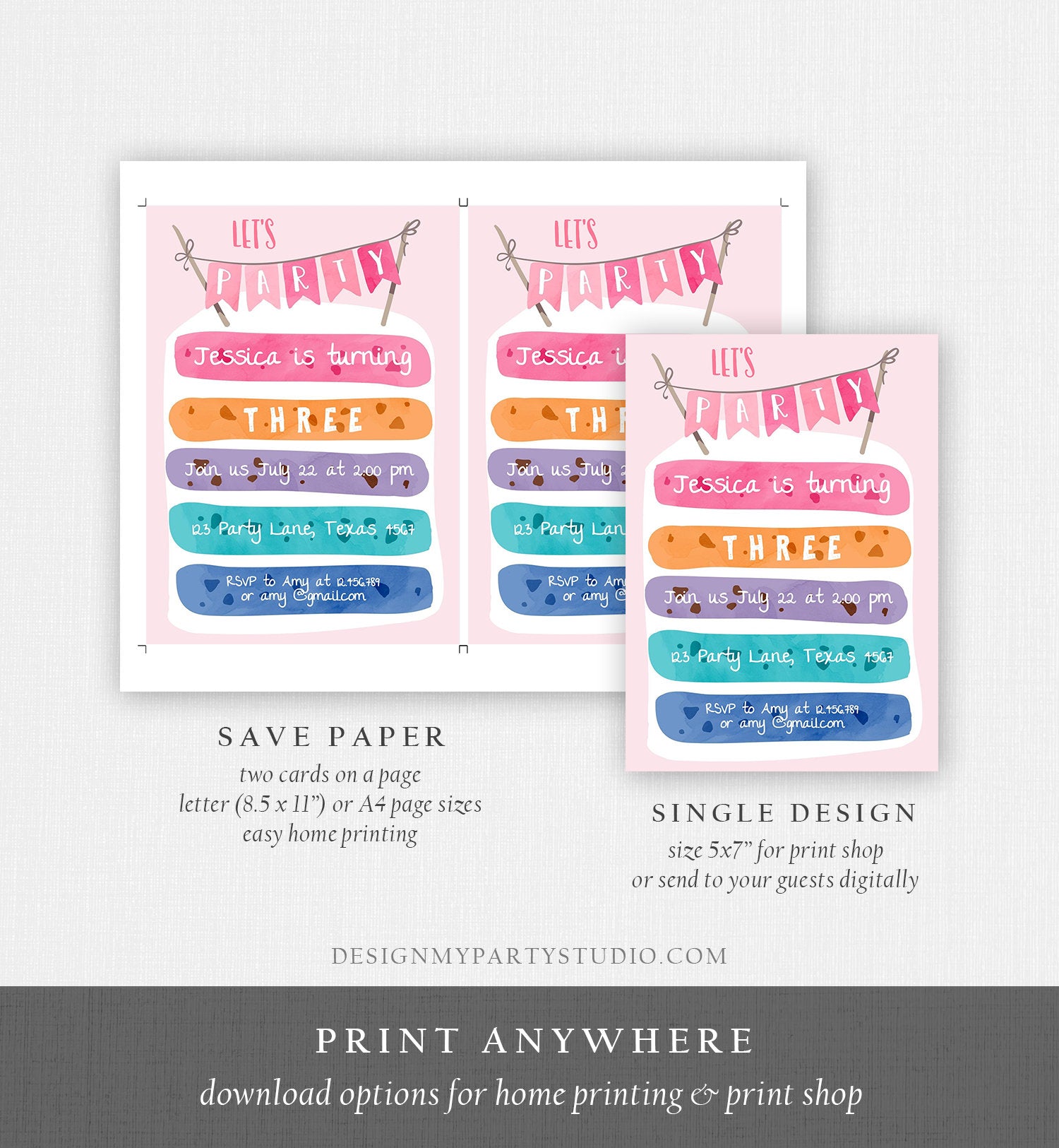 Editable Cake Birthday Invitation Cooking Girl Rainbow Cake Invite Girls Two Sweet Pink Download Printable Invitation Template Corjl 0121
