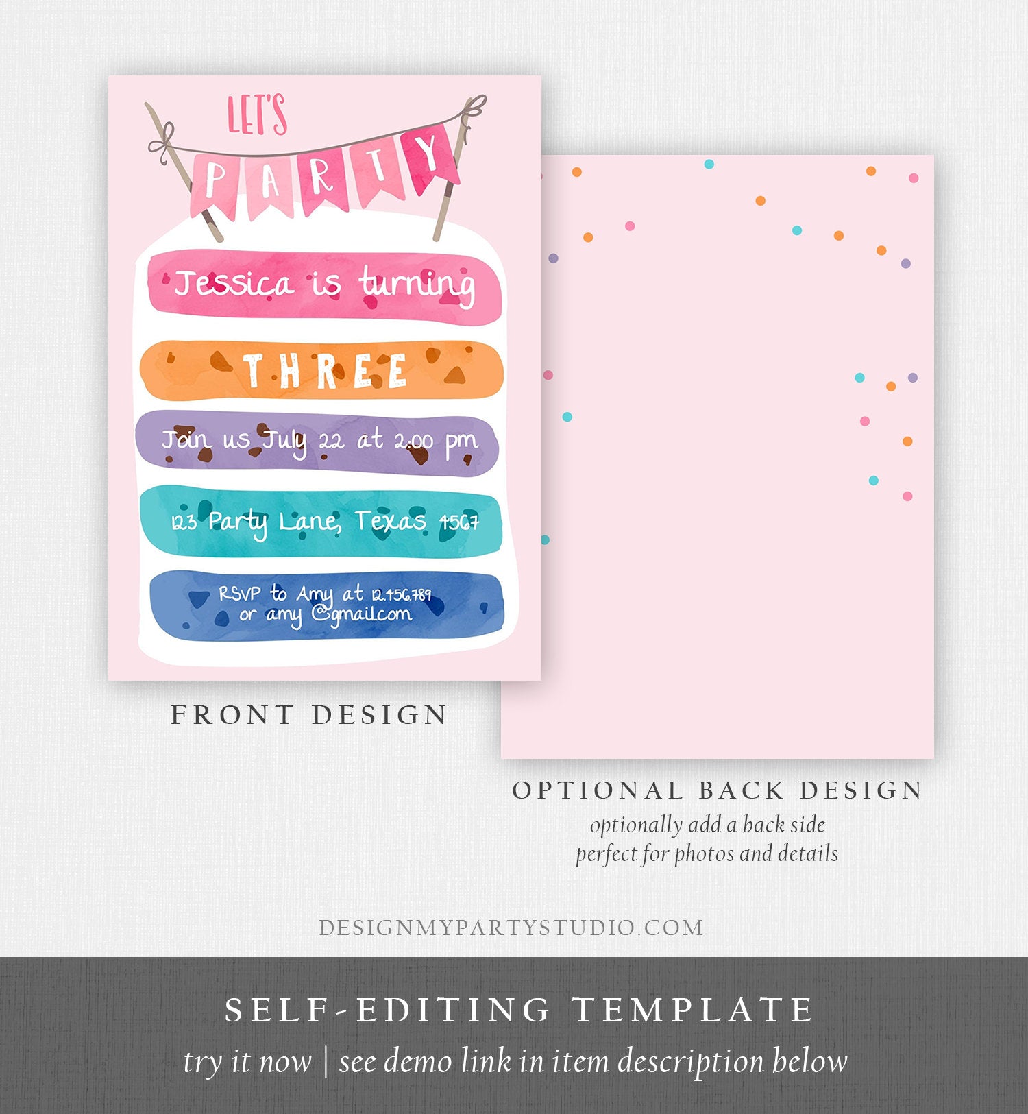 Editable Cake Birthday Invitation Cooking Girl Rainbow Cake Invite Girls Two Sweet Pink Download Printable Invitation Template Corjl 0121
