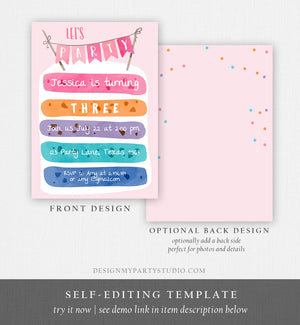Editable Cake Birthday Invitation Cooking Girl Rainbow Cake Invite Girls Two Sweet Pink Download Printable Invitation Template Corjl 0121
