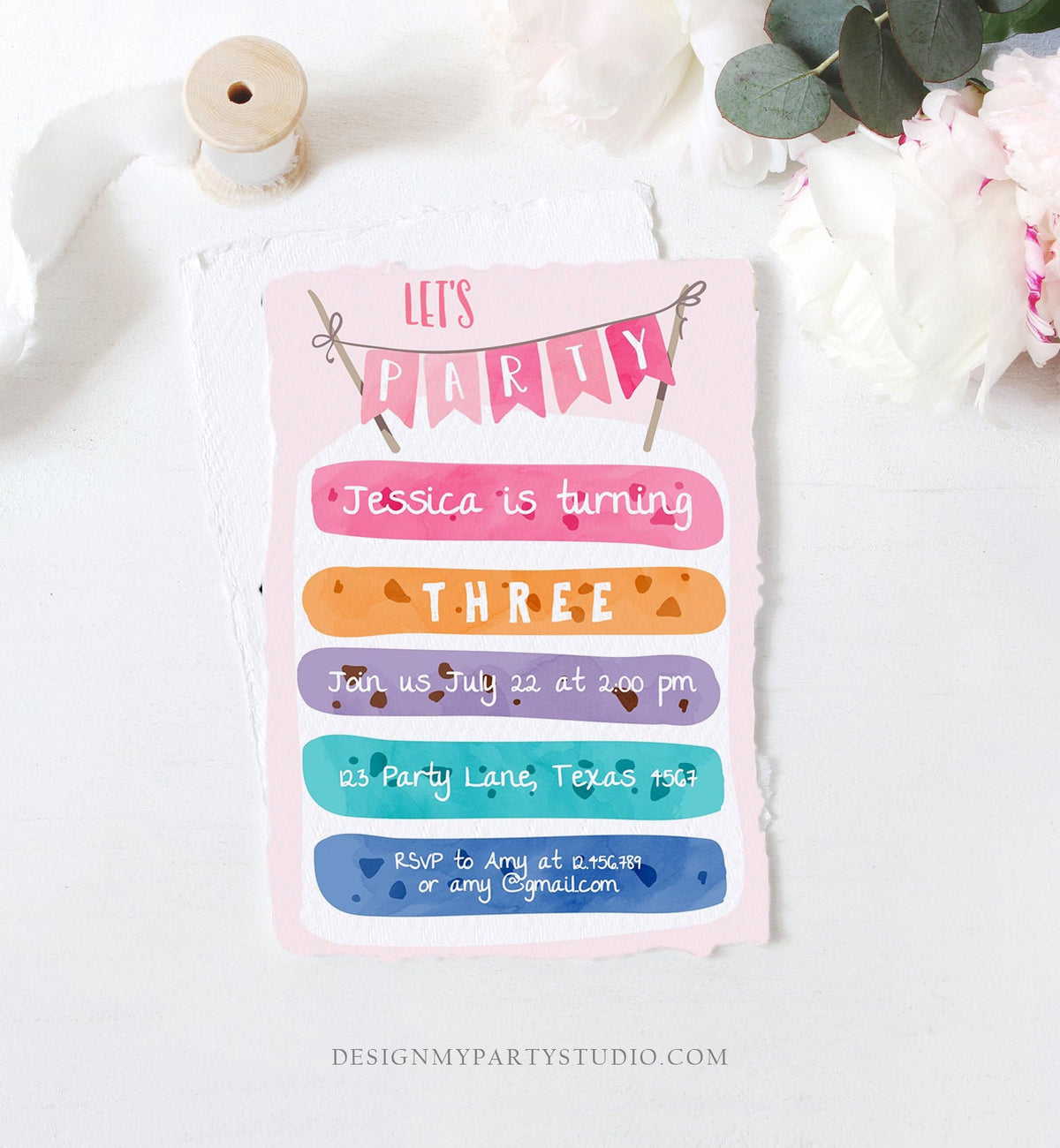 Editable Cake Birthday Invitation Cooking Girl Rainbow Cake Invite Girls Two Sweet Pink Download Printable Invitation Template Corjl 0121